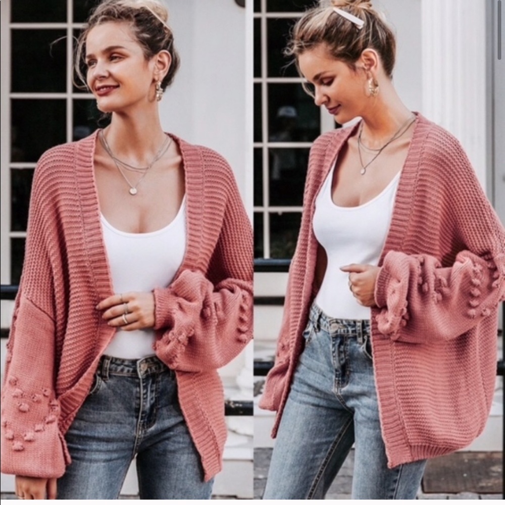 Balloon Sleeve Knit Cardigan - PINK - Picture 8 of 9